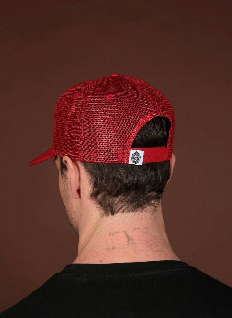 Red Olokun Varsity Mesh Cap with a slightly Curved Peak.