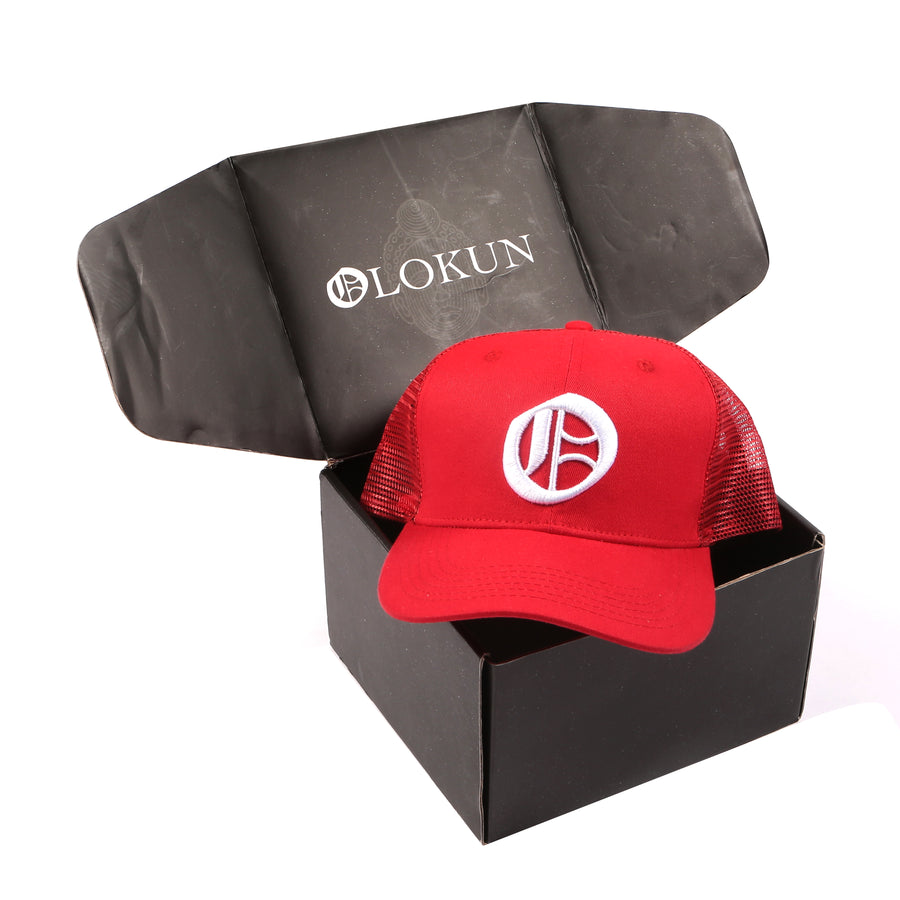 Red Olokun Varsity Mesh Cap with a slightly Curved Peak.
