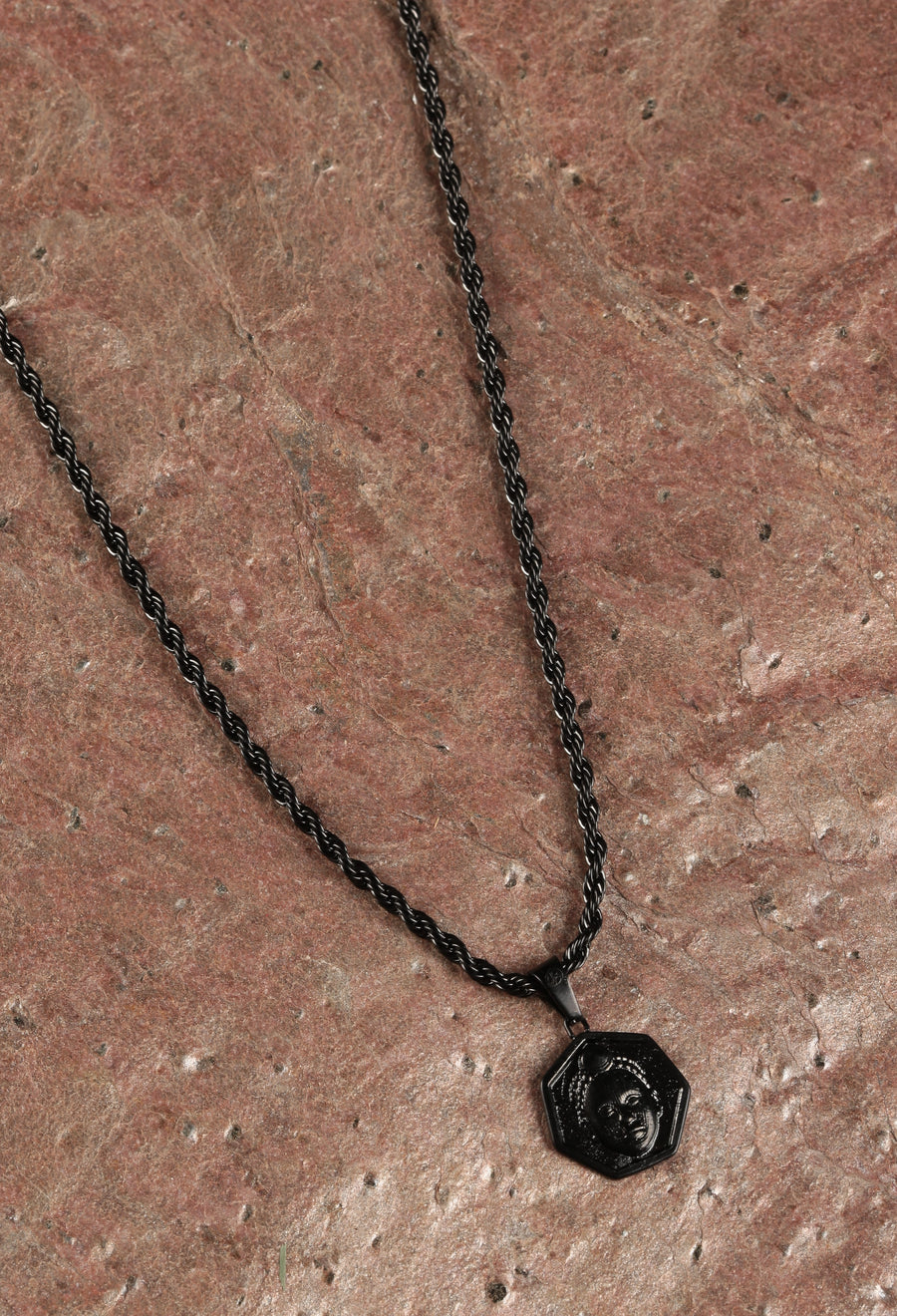 Heptagon cut Olokun Head with 3MM Rope Chain (BLACK)