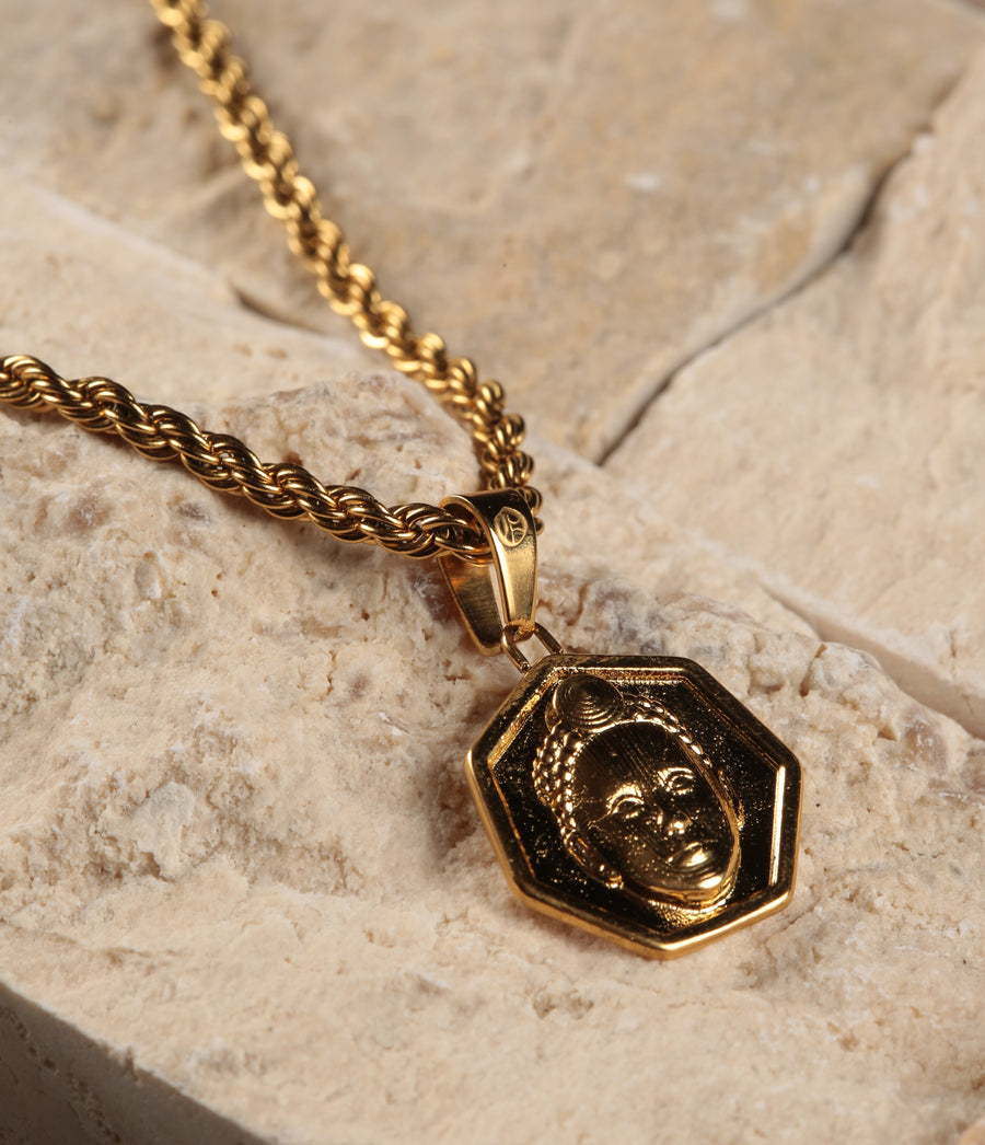Heptagon cut Olokun Head with 3MM Rope Chain (GOLD)