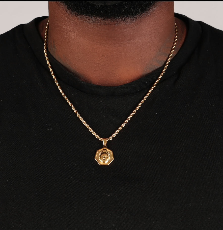 Heptagon cut Olokun Head with 3MM Rope Chain (GOLD)