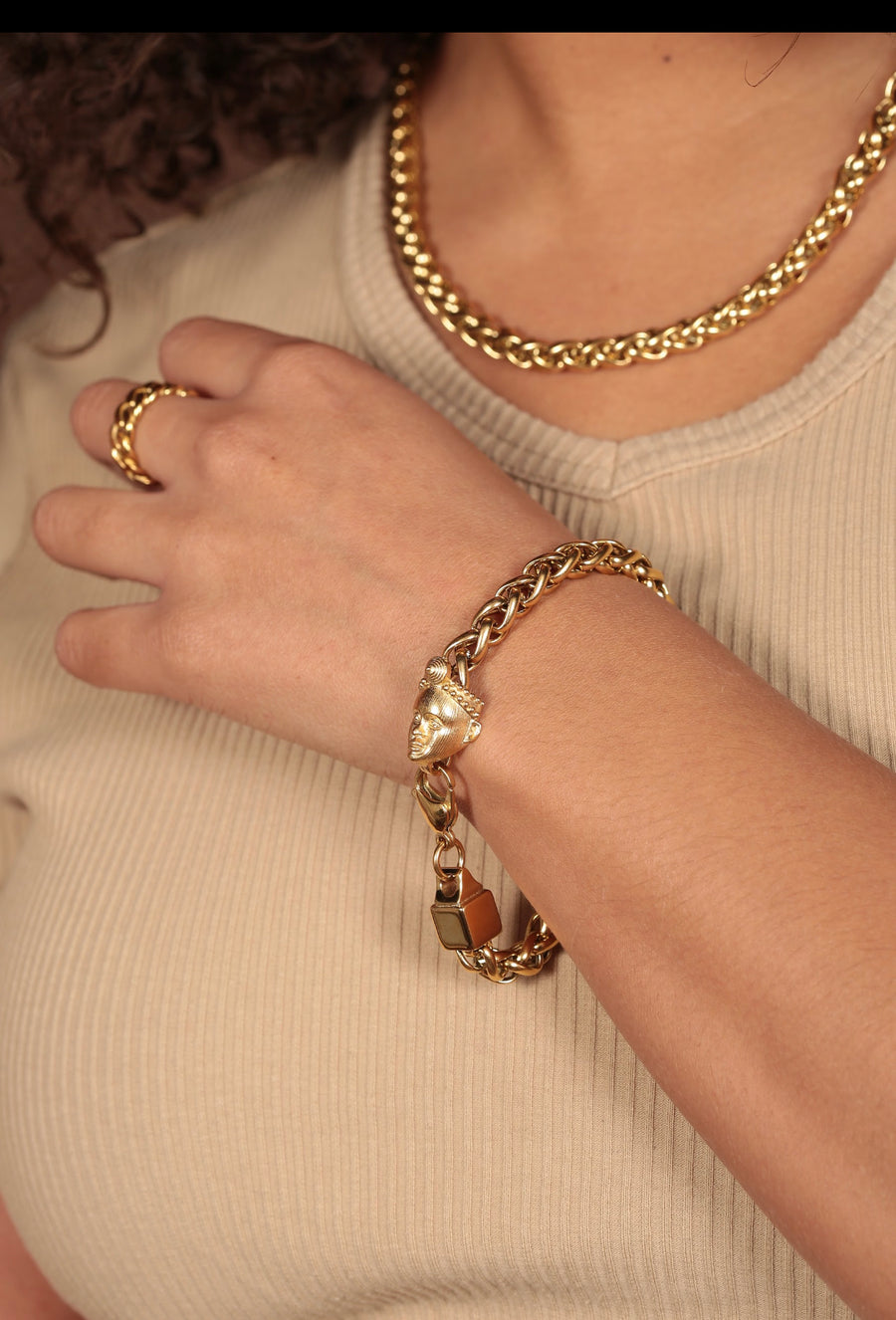 WHEAT BRACELET (GOLD) with OLOKUN CHARM