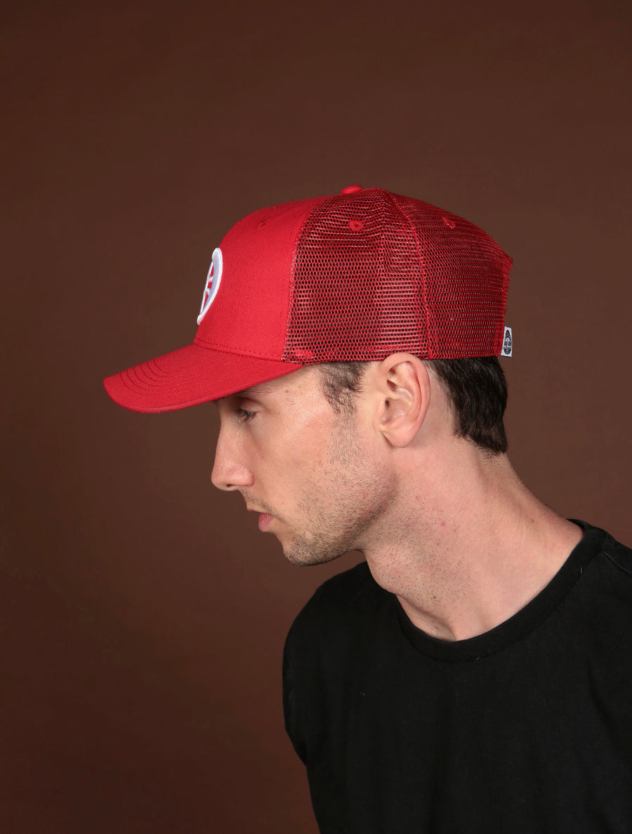 Red Olokun Varsity Mesh Cap with a slightly Curved Peak.