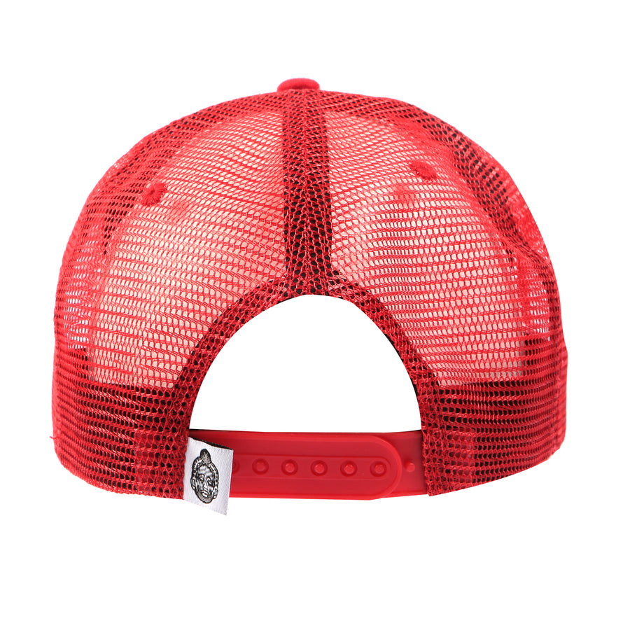 Red Olokun Varsity Mesh Cap with a slightly Curved Peak.