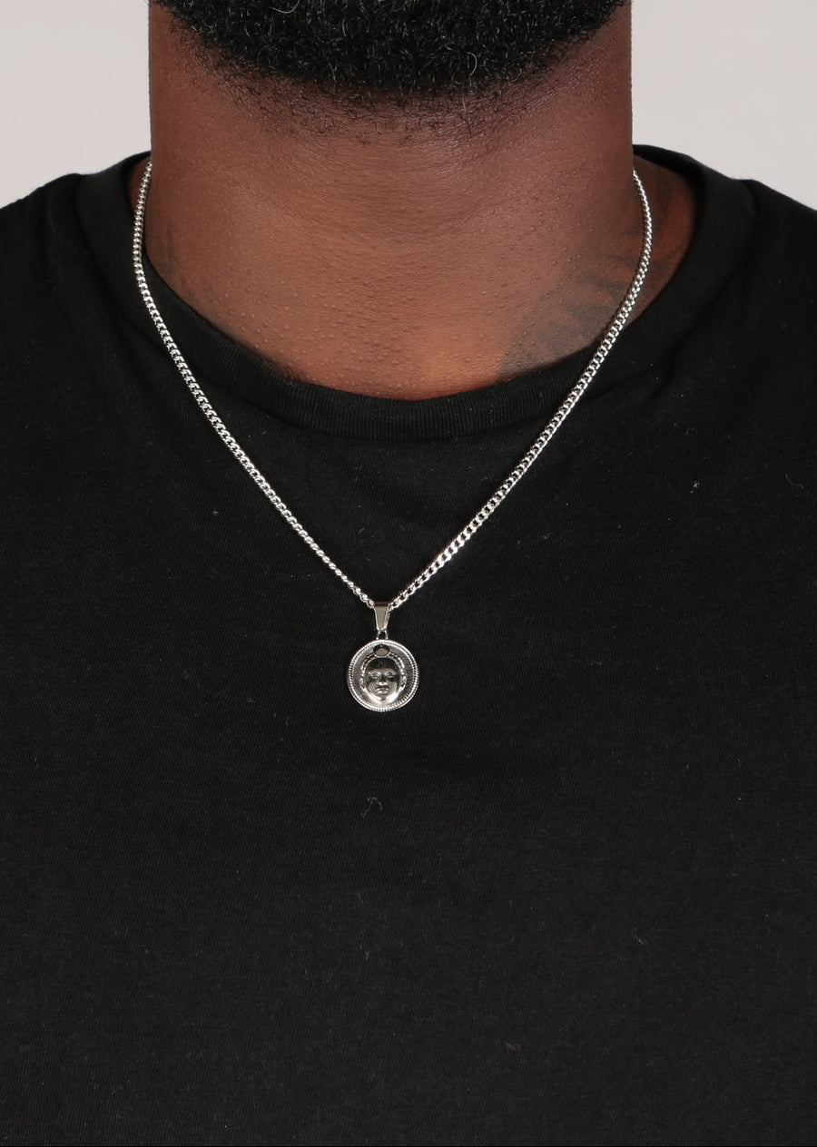 Circle cut Olokun Head with 3MM Franco Chain (SILVER)