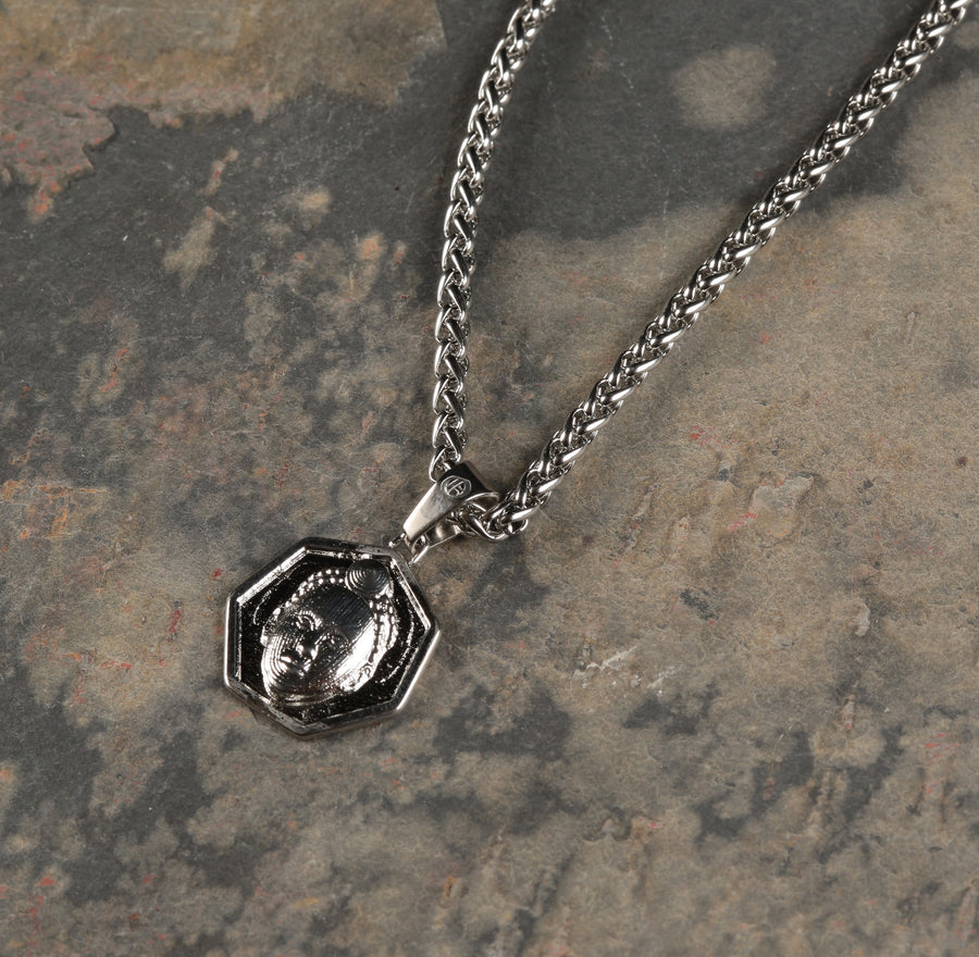 Heptagon cut Olokun Head with 3MM Wheat Chain (SILVER)